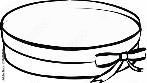 Minimalist hand-drawn round closed gift box with tied ribbon bow, black line art vector on white background, concept for holiday gifting, birthday cards and celebratory design projects.