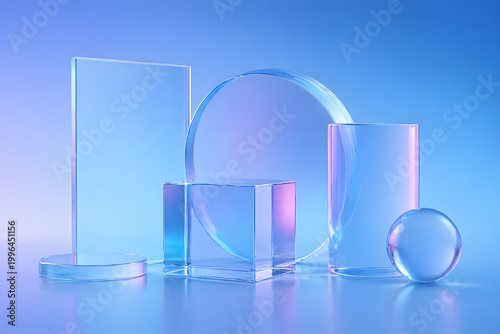 Geometric Glass Forms: A minimalist composition showcasing clear glass shapes arranged against a gradient blue backdrop, highlighting the beauty of geometry and light.