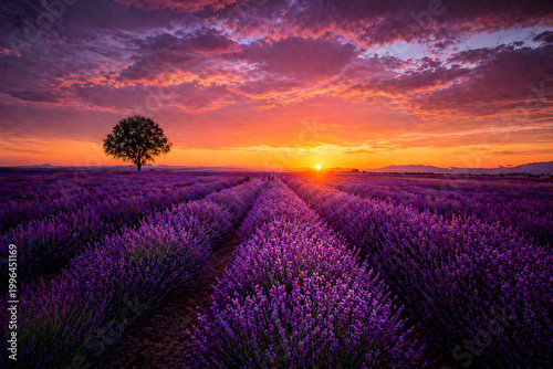 Lavender Field Sunset: A mesmerizing view of a lavender field during sunset with the vibrant colors and a solitary tree creates a breathtaking moment in nature. 