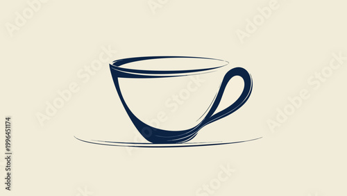 Minimalist navy line art illustration of a ceramic coffee cup on a pale cream background, concept for cafe branding, coffee shop signage and beverage brand marketing.