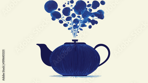 Modern deep blue ribbed teapot with vibrant blue watercolor foliage sprouting from its lid, flat vector illustration, suitable for kitchen wall art, tea brand packaging and wellness blog graphics.