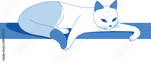 Modern flat vector illustration of a relaxed lounging blue and white domestic cat, isolated on a clean white background, ideal for pet blogs, children’s stationery and cozy home wall art.
