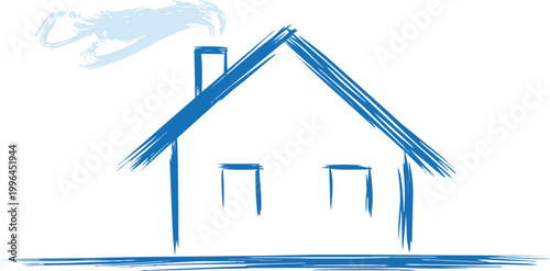 Simple hand-drawn brush stroke sketch of a blue residential house with a light blue cloud on white background, concept for real estate marketing, property listings and home ownership promotions.