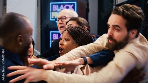 Photos Security officer talking to rude people shoppers waiting for black friday shopping spree event, trying to stop customers from entering department store