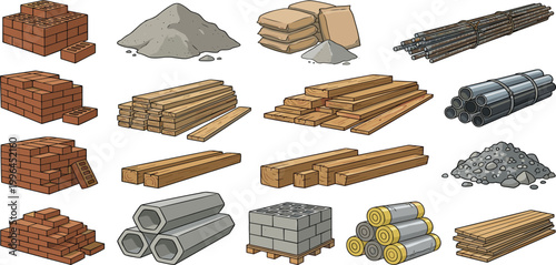 Comprehensive construction building materials vector set featuring red bricks, lumber, cement bags, steel rebar, industrial pipes, gravel, and concrete blocks.