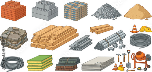 Comprehensive construction building materials vector icon set with bricks, lumber, cement, gravel, sand, pipes, tools, and industrial equipment.
