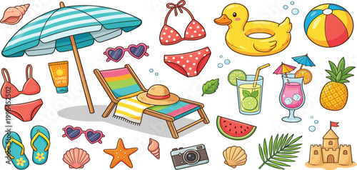 Comprehensive tropical summer beach vacation vector set with sun umbrella beach chair duck float bikini sandcastle cocktails pineapple camera and sea shells.