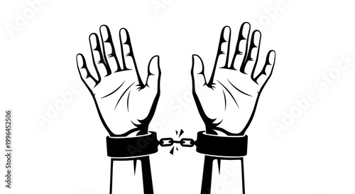 Hands Breaking Free From Broken Chains and Handcuffs