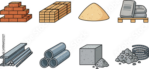Construction materials vector icon set featuring bricks, timber, sand, cement, steel beams, pipes, concrete blocks, and gravel for building projects.