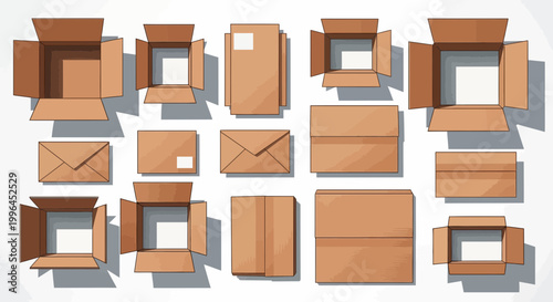 Collection of Cardboard Boxes, Open and Closed, Top View, Shipping and Packaging Concept