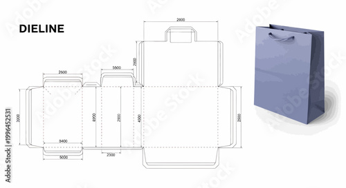 Dieline paper bag template with dimensions and finished product