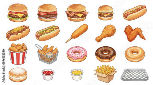 Colorful fast food vector collection with burgers, hot dogs, corn dog, fried chicken, fries, donuts and sauces for menu, snack and restaurant designs