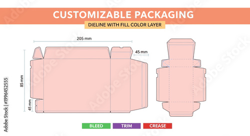 Customizable Packaging Dieline Template: Box Design with Bleed, Trim, Crease