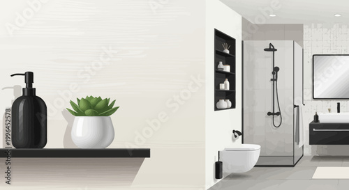 Modern Bathroom Interior Design: Shower, Toilet, Sink, Shelf with Plant and Soap Dispenser