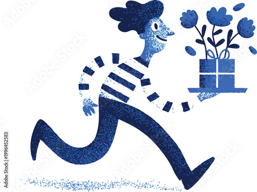 Textured blue vector illustration of a smiling man running towards a floating gift box with blooming flowers, suitable for greeting cards, gifting campaigns and holiday promotions.