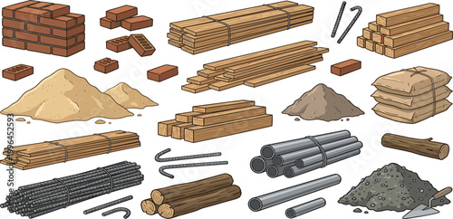 Essential construction site building materials vector collection including bricks, timber, lumber, sand, cement bags, rebar, steel rods, logs, pipes, gravel, and masonry tools.