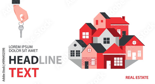 Hand Holding Key to Colorful Houses Collection, Real Estate Concept