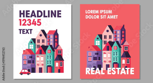 Colorful Townhouses and Car Vector Illustration, Real Estate Concept