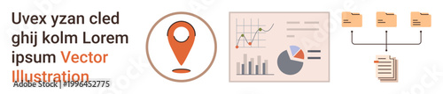 Data storage, location tracking, project analytics, digital workflows, file sharing, business strategy. Location marker, graph analysis and file flow illustration. Data storage and location tracking