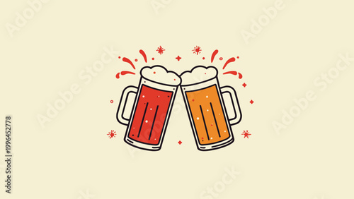 Two clinking beer mugs, one red ale and one amber lager with festive splashes in flat vector style, suitable for pub branding, party invitations and brewery promotional materials.