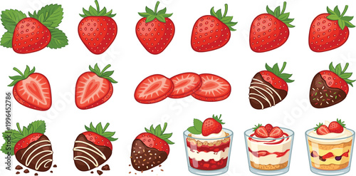 Fresh strawberry fruit vector collection featuring whole berries, slices, chocolate dipped strawberries, yogurt parfaits, and sweet cream desserts for food design.