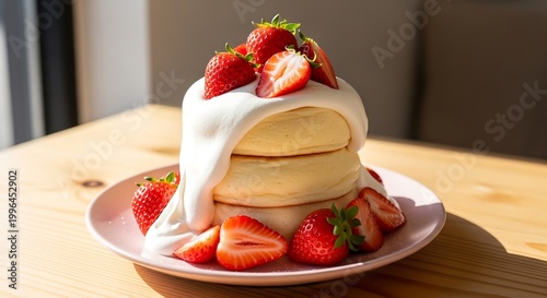 Japanese soufflé pancakes with strawberries on café table, food photography for brunch branding and trendy dessert advertising