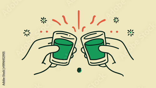Two hands clinking shot glasses filled with bright green liquor, hand-drawn line art vector with celebration sparkles, concept for St Patrick's day, party promotions and holiday event graphics.