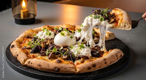 Artisan burrata mushroom pizza with cheese stretch, food photography for restaurant branding and premium advertising