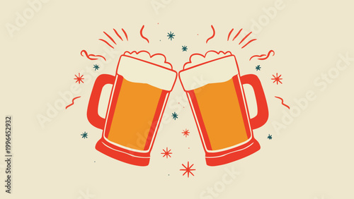 Two red beer mugs clinking together, topped with foam and surrounded by confetti sparkles, flat vector illustration, suitable for bar promotions, oktoberfest events and holiday party invitations.