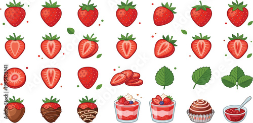 Fresh strawberry fruit vector collection featuring whole berries, slices, halves, chocolate dipped strawberries, jam, cream desserts, and green leaves for culinary design.