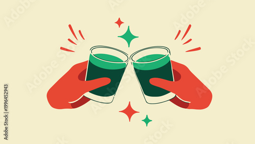 Two red hands clinking green liquor shot glasses with sparkling accents on pale yellow background, ideal for St. Patrick’s events, pub promotions and holiday celebration graphics.