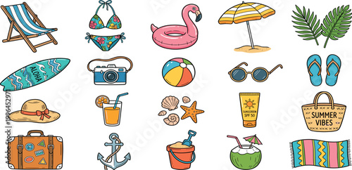 Hand drawn tropical summer beach vacation vector set with flamingo float surfboard chair umbrella coconut cocktail camera suitcase bikini and palm leaves.