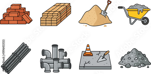 Professional construction building materials vector icon set including red bricks, timber wood, sand with shovel, wheelbarrow, rebar, pipes, concrete and gravel.