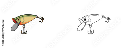 Fishing lure wobbler in flat colored and black line styles green orange and white colors for predatory angling representation on white background