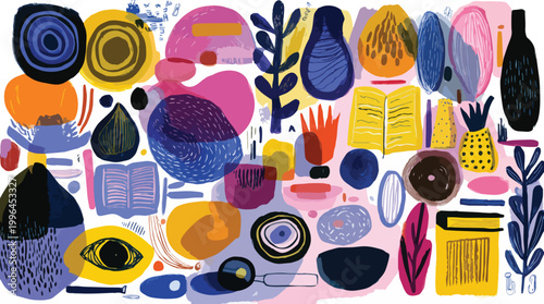 Vibrant hand-painted abstract vector collage of organic shapes, vases, plants and surreal motifs, ideal for wall art, brand packaging and social media graphics.