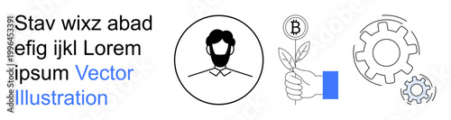 Business growth, cryptocurrency trends, digital innovation, eco-friendly finance, blockchain technology, teamwork solutions. Minimal icons include a hand holding a plant, a cogwheel, and a person