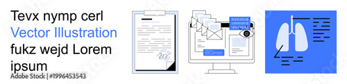 Communication, security, healthcare, document signing, data analysis, information processing. Combination of documents, computer screen with emails and lung diagram. Communication and security