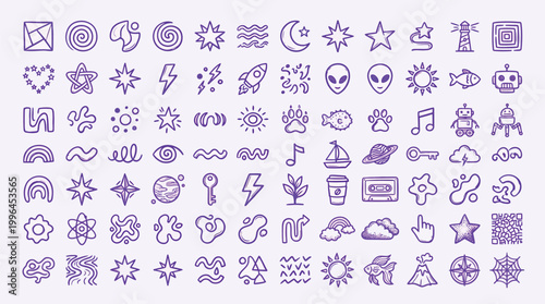A large collection of purple line art icons featuring a wide variety of whimsical and abstract symbols on a light purple background.