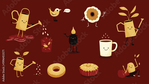 Whimsical anthropomorphic coffee and gardening cartoon characters set, hand-drawn vector on deep burgundy background, ideal for cafe branding, coffee shop decor and food blog illustrations.