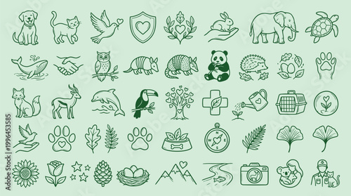 A collection of diverse nature and animal-themed icons, featuring various creatures, plants, and symbols of conservation and care.