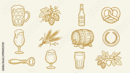 A collection of hand-drawn illustrations depicting various elements associated with beer and brewing, including mugs, glasses, hops, barley, barrels, pretzels, and bottle openers.