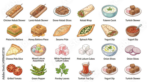 Cute Japanese food vector collection with sushi, ramen, mochi, dumplings, curry, tempura and traditional dishes for restaurant menus and Asian cuisine design