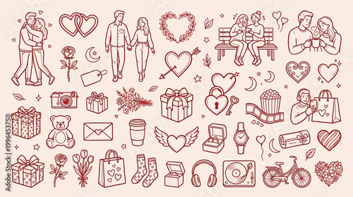A charming collection of hand-drawn Valentine's Day icons and illustrations, featuring romantic couples, gifts, hearts, and symbols of love and affection.