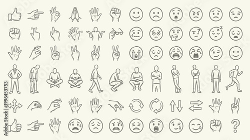 A comprehensive collection of hand-drawn icons representing various human emotions, gestures, and activities, including facial expressions, body postures, and symbolic representations.