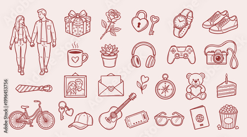 A charming collection of hand-drawn icons representing various aspects of life, love, and hobbies, presented in a warm, rosy hue on a soft pink background.