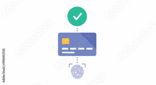 Abstract illustration of a credit card, fingerprint, and check mark, symbolizing secure transactions, for financial services, online payments and e-commerce platforms.