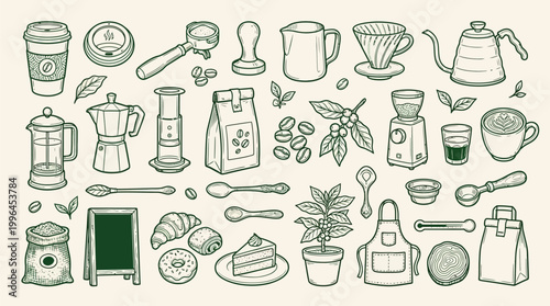 A charming hand-drawn illustration showcasing a diverse collection of coffee-related items, from brewing equipment to baked goods and plants.