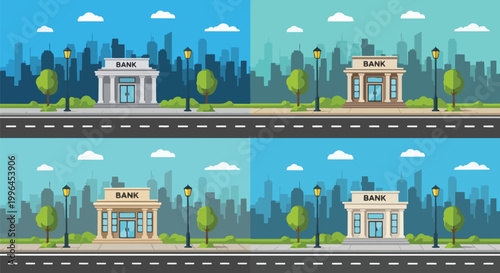 Cartoon bank building illustration in a cityscape with road, trees, clouds, and streetlights, perfect for financial websites, banking ads, and investment presentations.