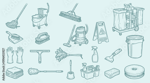 A comprehensive collection of cleaning supplies and equipment, illustrated in a detailed, hand-drawn style.