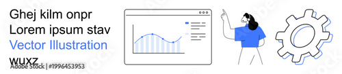 Business metrics, data analysis, teamwork, strategy, growth, technology. A woman gestures towards a graph on a digital dashboard next to a gear icon. Business metrics and data analysis concept